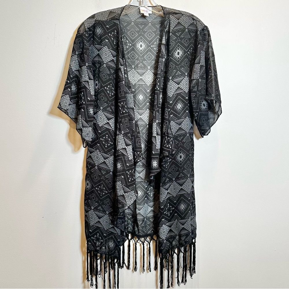 LuLaRoe Sheer Duster Kimono‎ Cardigan Women's Small Black Gray Tassel Fringe